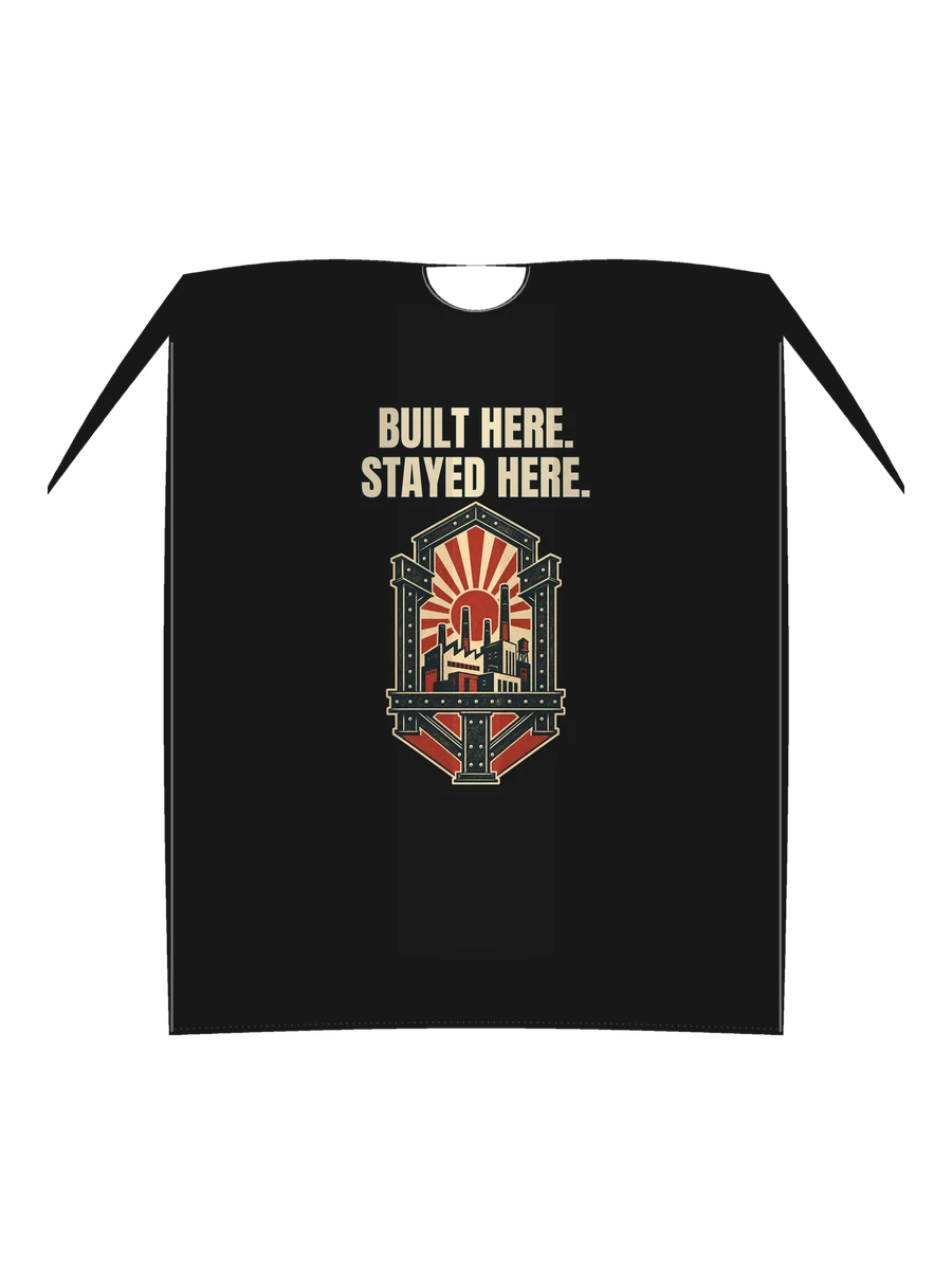 Factory Town concept shown on a black t-shirt proof