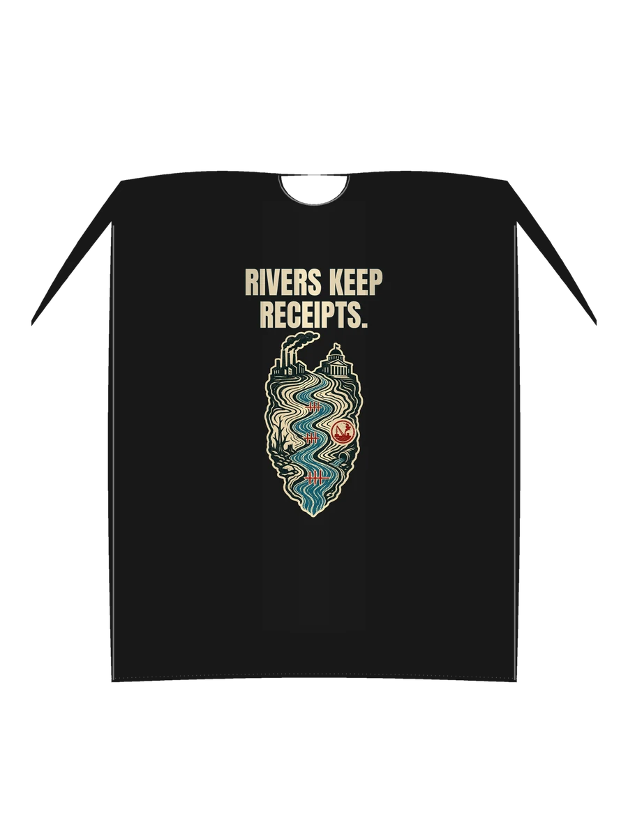 Rivers Keep Receipts concept shown on a black t-shirt proof