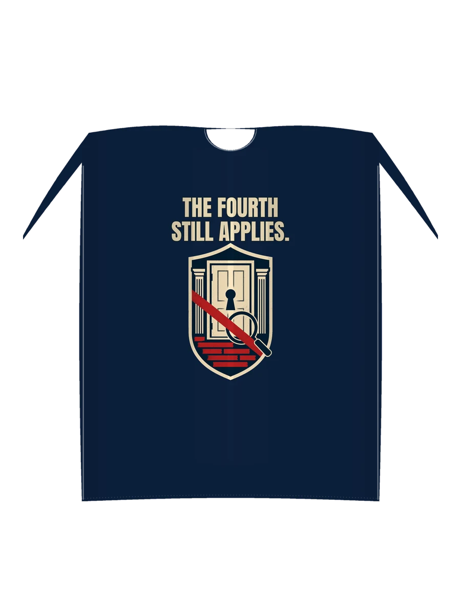 The Fourth Still Applies concept shown on a dark navy t-shirt proof