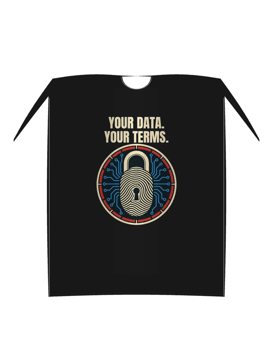Own Your Data concept shown on a black t-shirt proof